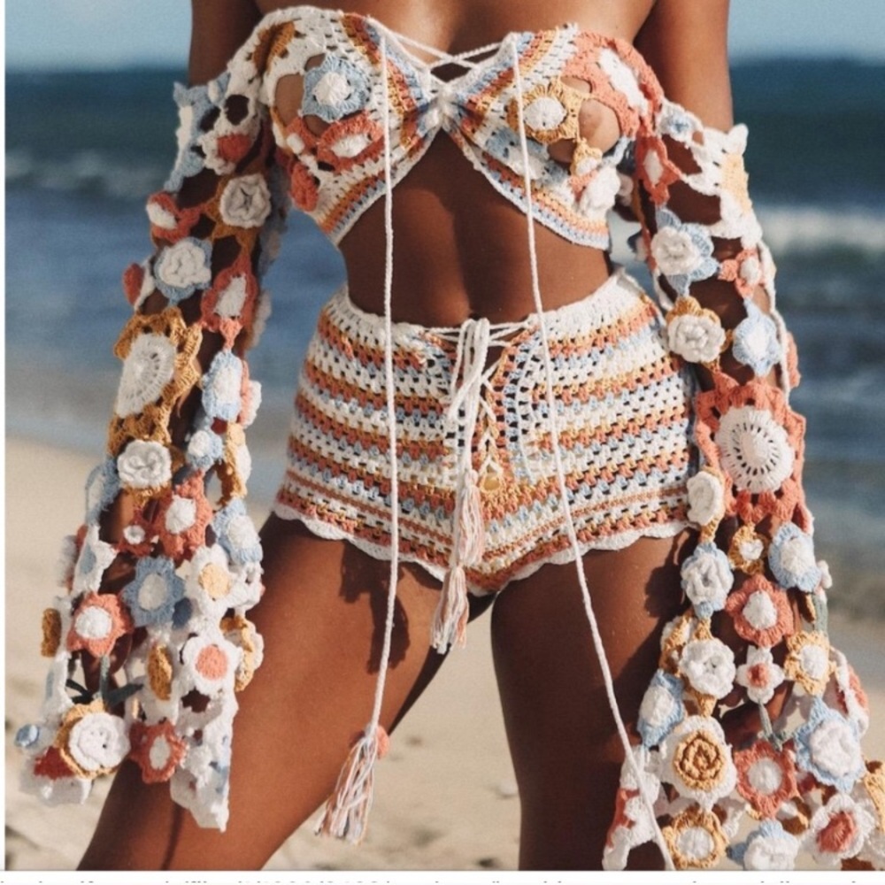 Boho Crochet Off-Shoulder Long Sleeve Top in Multi-Color
